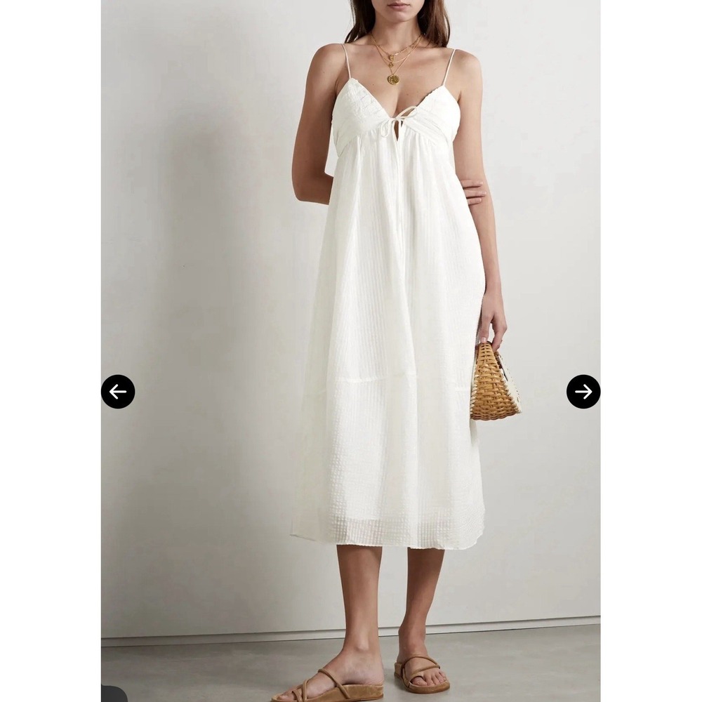 La Ligne Cotton And Silk Blend  Shirred Spaghetti Strap Ivory Midi Dress